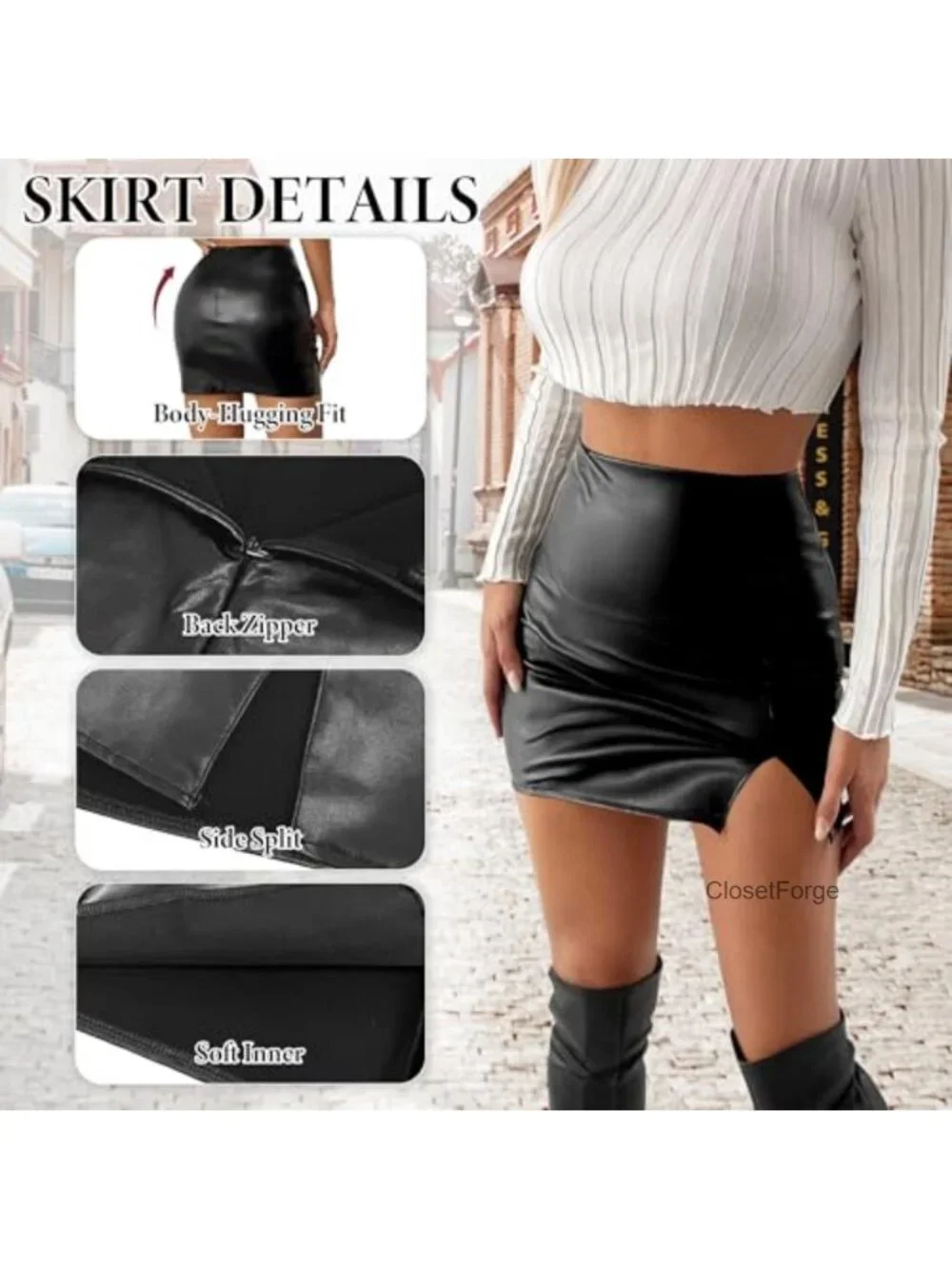 Faux Leather High Waisted Bodycon Mini Skirt with Slit Party Club